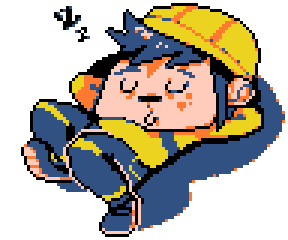A pixelated, NES styled caricature of Sami wearing construction worker clothes taking a nap.